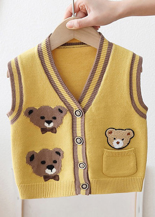 New Yellow V Neck Button Cotton Knit Kids Waistcoat Sleeveless