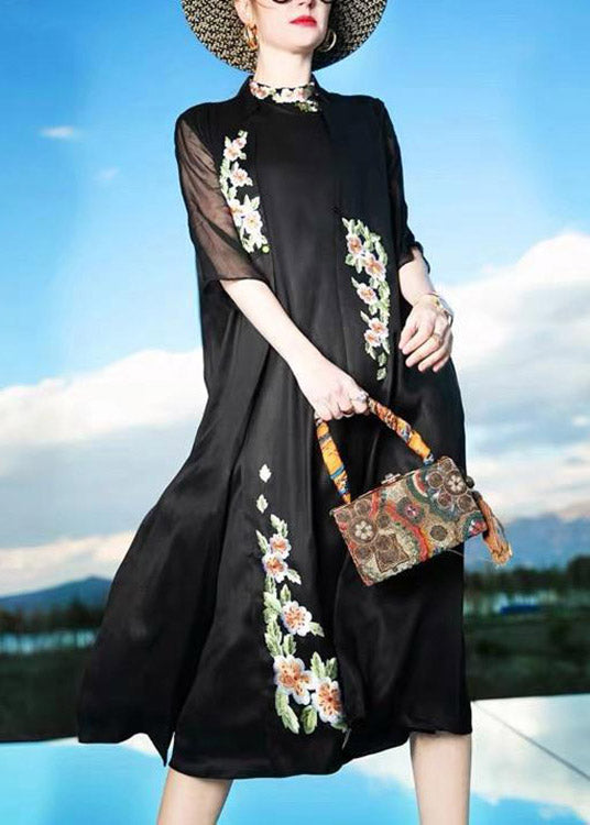 Novelty Black Stand Collar Embroidered Floral Button Silk Maxi Dress Summer