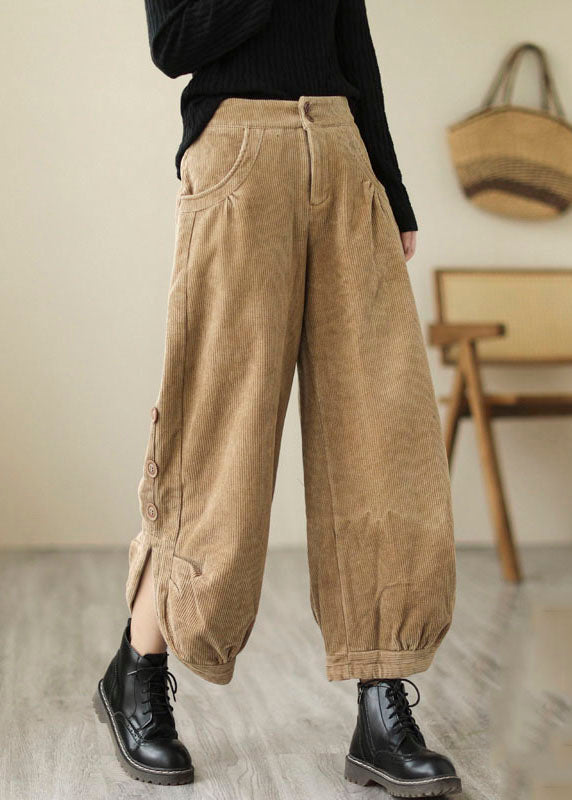 Novelty Coffee Pockets Thick Warm Fleece High Waist Corduroy Crop Pants