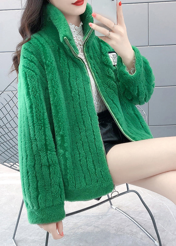 Novelty Green Stand Collar Zippered Faux Fur Coats Winter