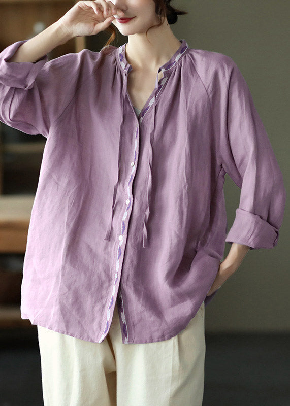 Novelty Purple V Neck Embroidered Neck Tie Linen Shirt Long Sleeve