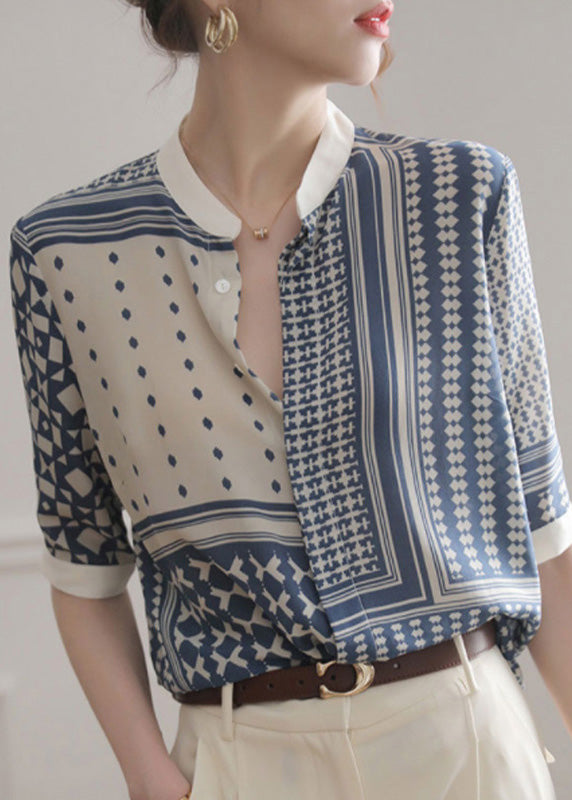 Novelty White Stand Collar Striped Print Button Chiffon Shirt Summer