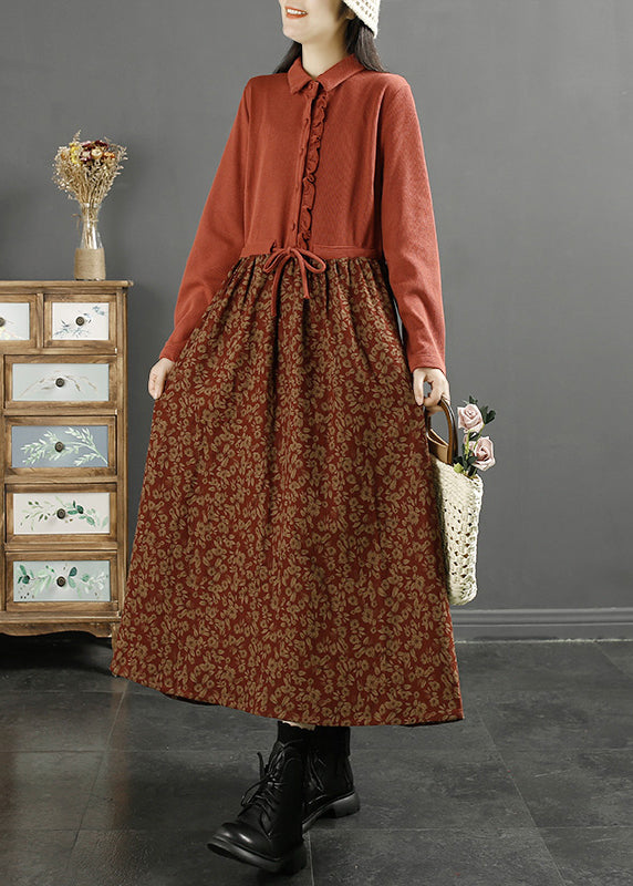 Orange Button Tie Waist Cotton Dress Peter Pan Collar Fall