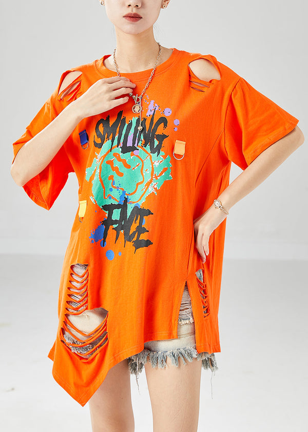 Orange Hollow Out Cotton Ripped Tank Oversized Print Summer