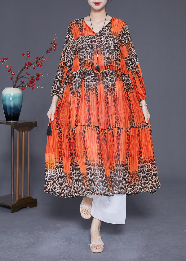 Orange Leopar Print Chiffon Maxi Dress Drawstring Exra Large Hem Summer