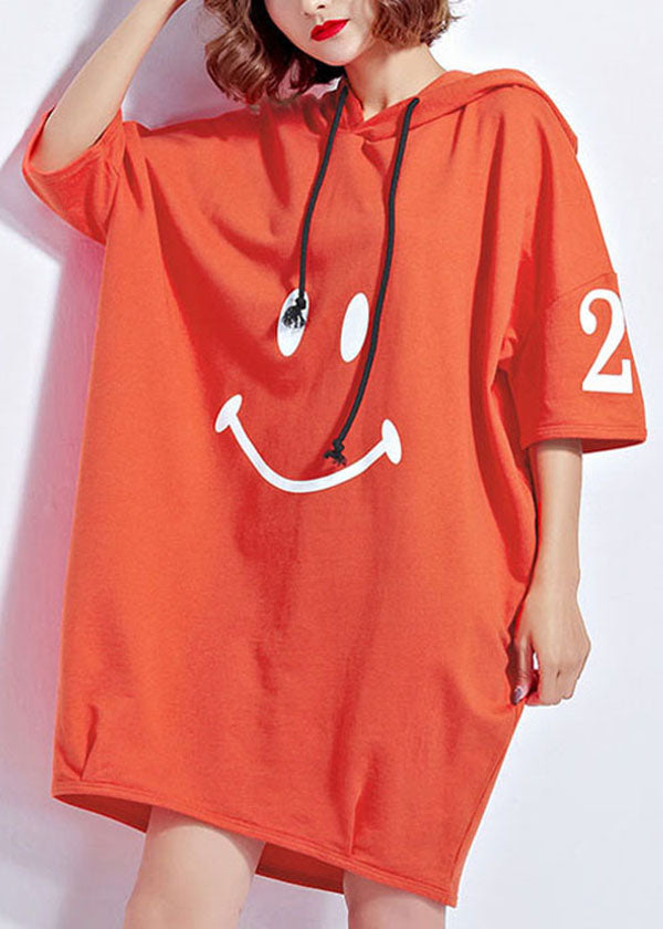 Orange Letter Print Cotton Sweatshirt Dresses Drawstring Hooded Short Sleeve