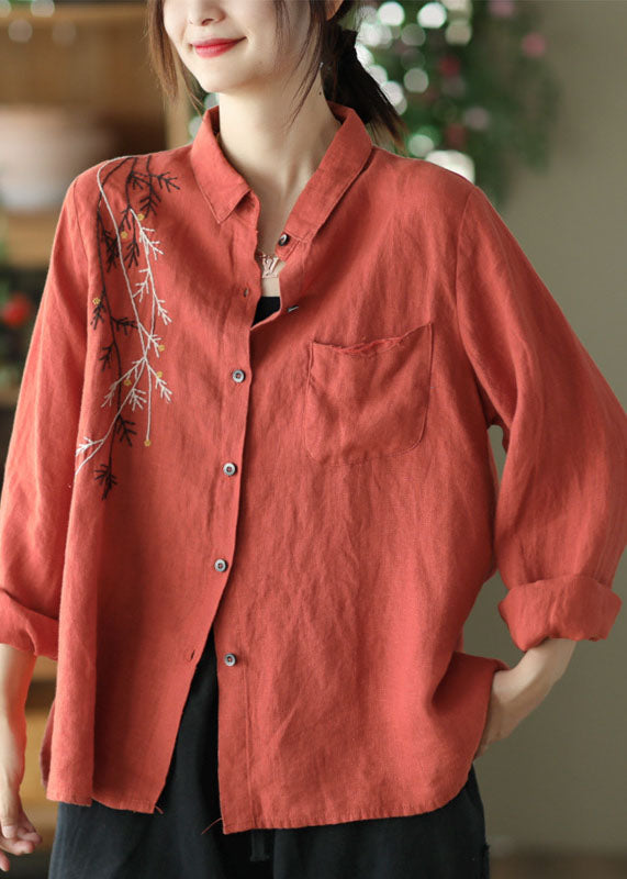 Orange Linen Blouses Embroidered Chinese Style Long Sleeve