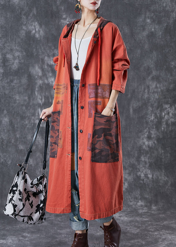 Orange Patchwork Cotton Trench Oversized Big Pockets Fall