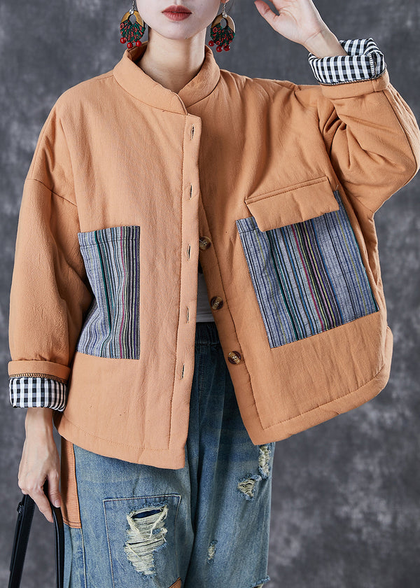 Orange Patchwork Fine Cotton Filled Puffer Jacket Oversized Pockets Winter