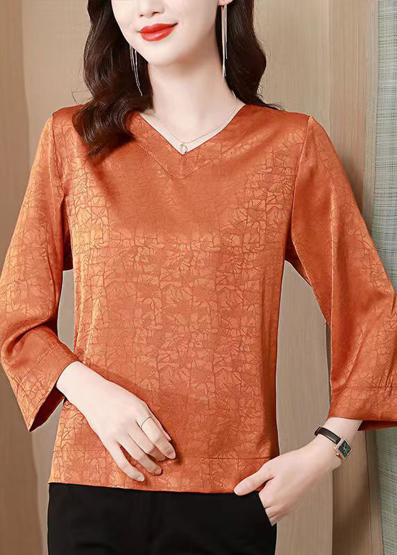 Orange Patchwork Silk Blouse Top V Neck Bracelet Sleeve