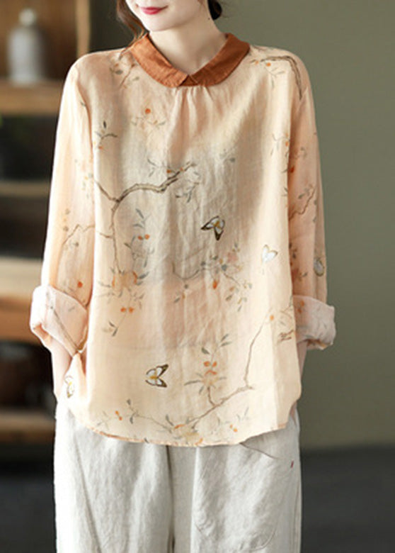 Orange Peter Pan Collar Ramie Shirt Long Sleeve