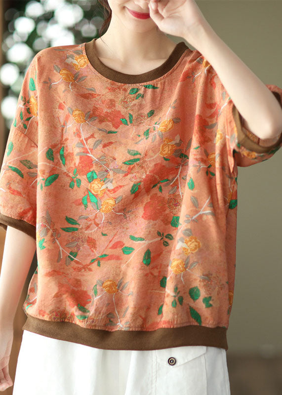 Orange Print Patchwork Linen T Shirt O Neck Short Sleeve