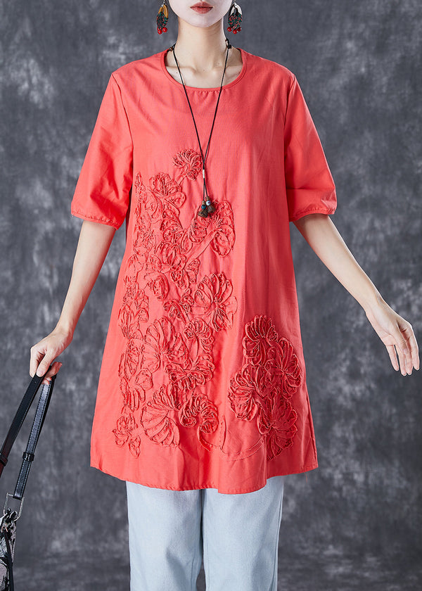 Orange Red Linen Mid Dresses Embroidered Summer