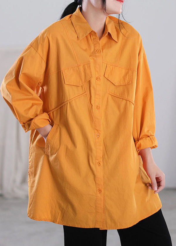 Orange Solid Color Patchwork Cotton Shirt Tops Asymmetrical Pockets Long Sleeve