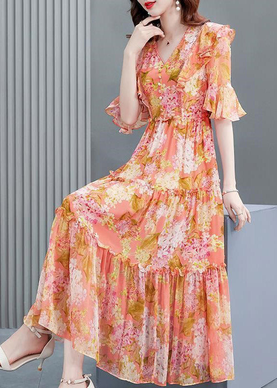 Orange V Neck Print Ruffled Wrinkled Silk Party Long Dress Flare  Sleeve