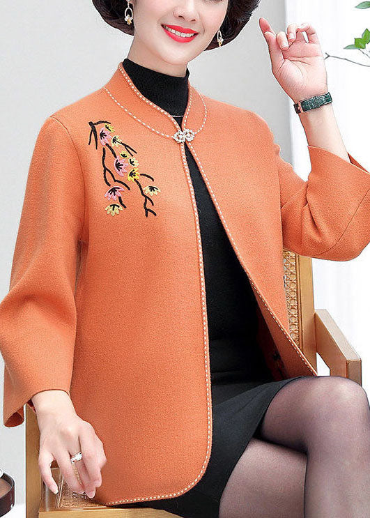 Orange Woolen Cardigans Embroidered Stand Collar Winter