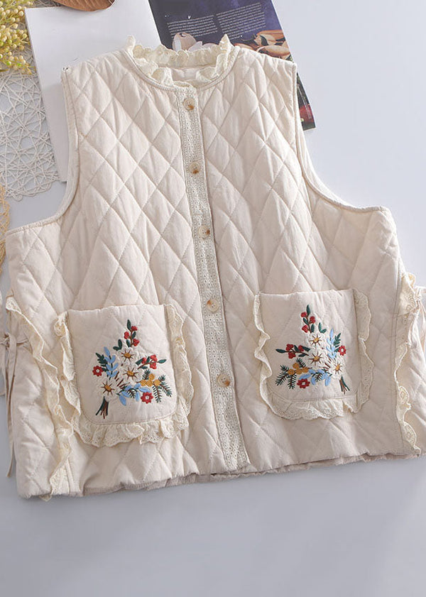 Organic Beige Embroidered Ruffled Patchwork Tie Waist Waistcoat Winter