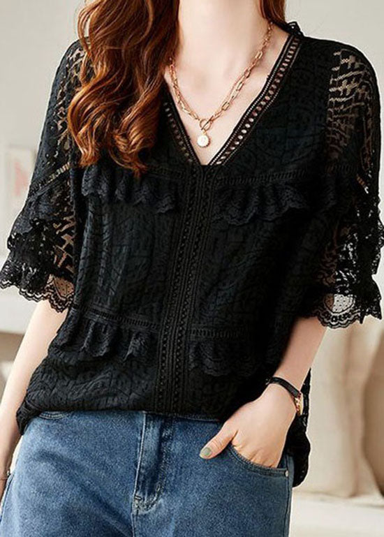 Organic Black V Neck Ruffled Embroidered Patchwork Lace Blouse Summer