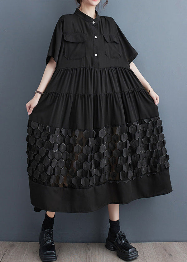 Organic Black Wrinkled Patchwork Solid Vacation Long Dresses Summer