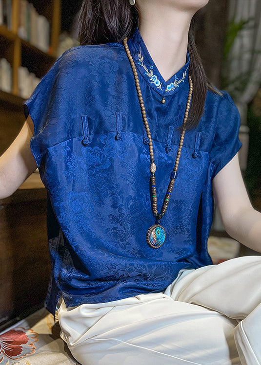 Organic Blue Stand Collar Embroidered Button Silk Top Short Sleeve