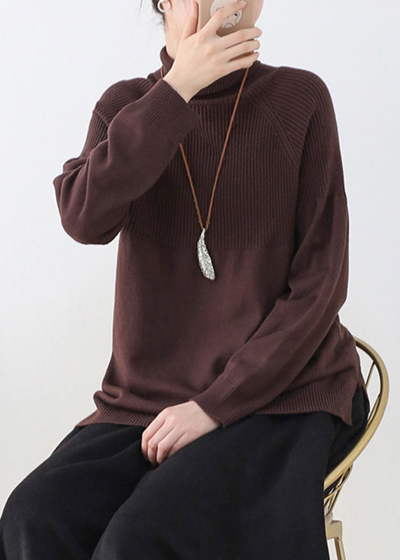 Organic Chocolate Colour Turtleneck Thick Knit Sweaters Long Sleeve