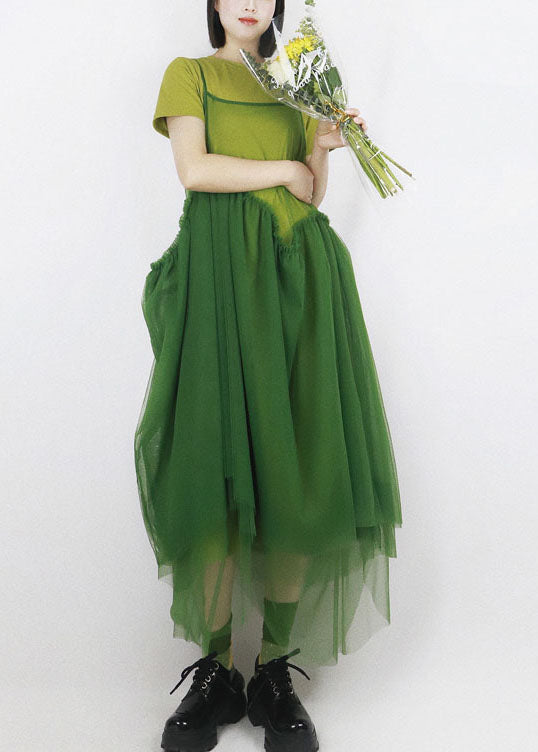 Organic Green Patchwork Hollow Out Tulle Spaghetti Strap Dress Long Smock Summer