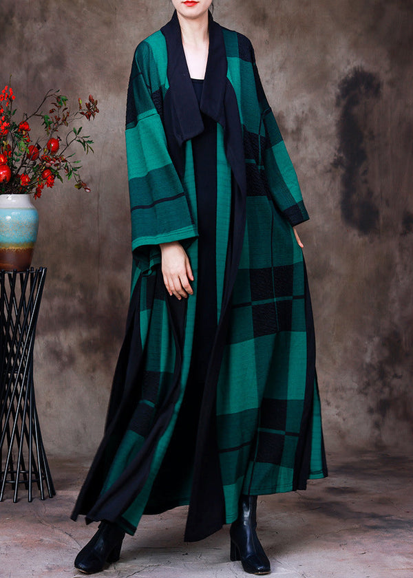 Organic Green Peter Pan Collar Plaid Coats Long Long Sleeve