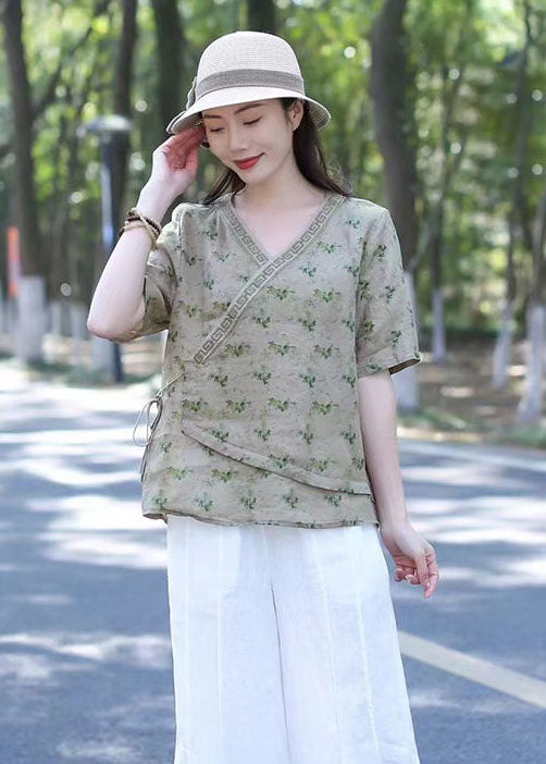 Organic Green V Neck Embroidered Patchwork Linen Tops Summer