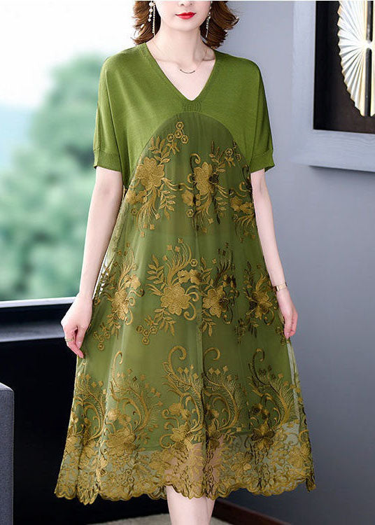 Organic Green V Neck Embroidered Patchwork Tulle Dress Summer