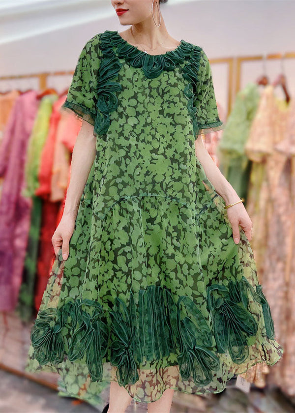 Organic Green Wrinkled Decorated Print Patchwork Tulle Dress Summer