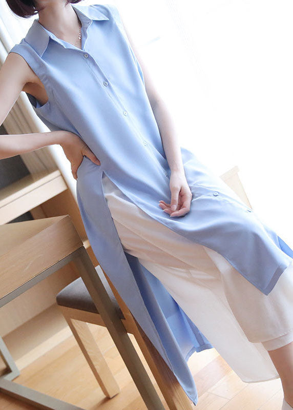 Organic Light Blue Oversized Side Open Chiffon Long Shirts Summer