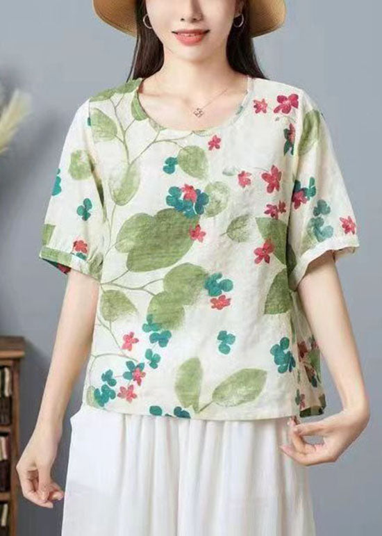 Organic Light Green O Neck Print Patchwork Cotton Top Summer