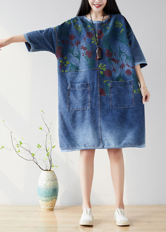 Organic Navy O Neck Patchwork Denim Dresses Half Sleeve