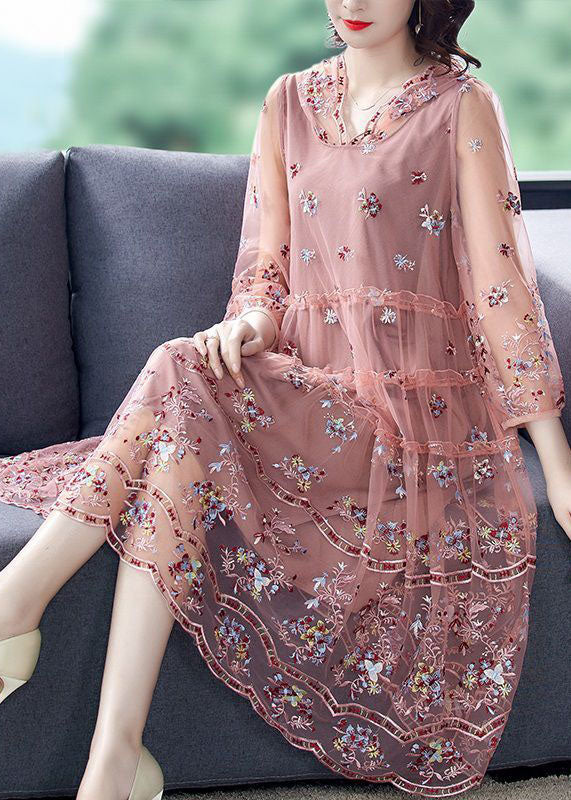 Organic Pink Hooded Embroidered Tulle A Line Dress Summer