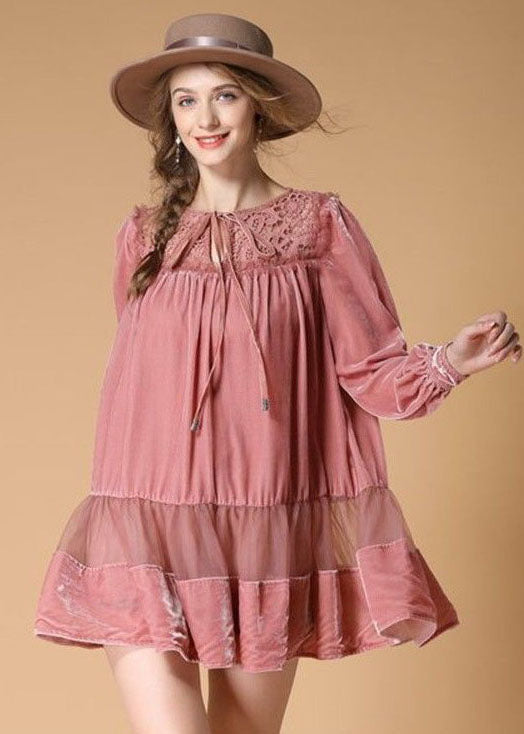 Organic Pink O Neck Patchwork Velour Dress Spring