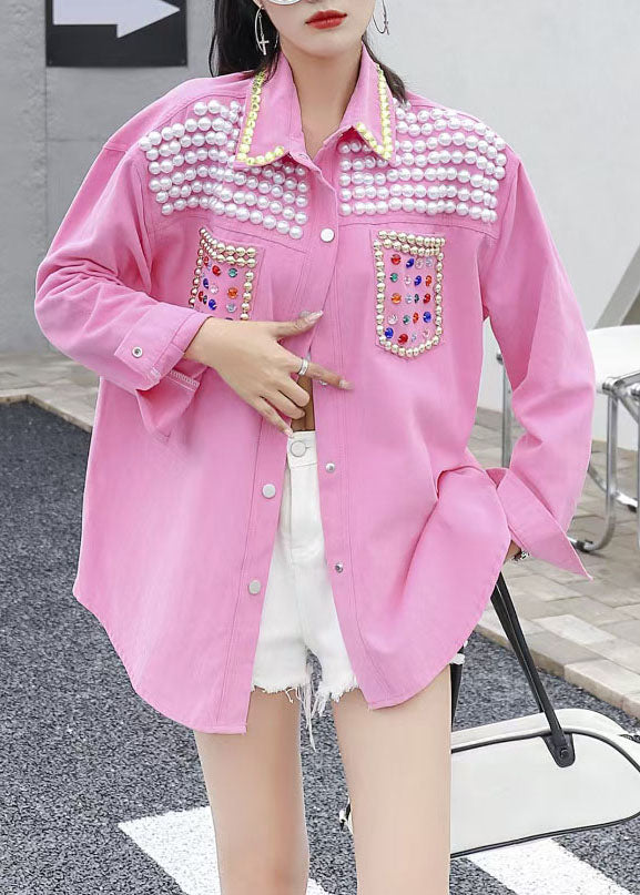 Organic Pink Peter Pan Collar Nail Bead Zircon Patchwork Denim Blouses Long Sleeve