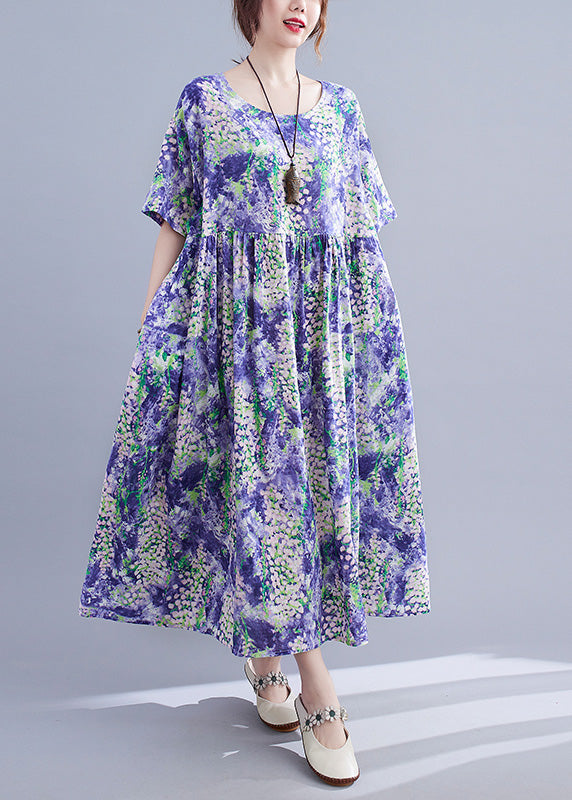 Organic Purple Print Patchwork Cotton Long Dresses Summer