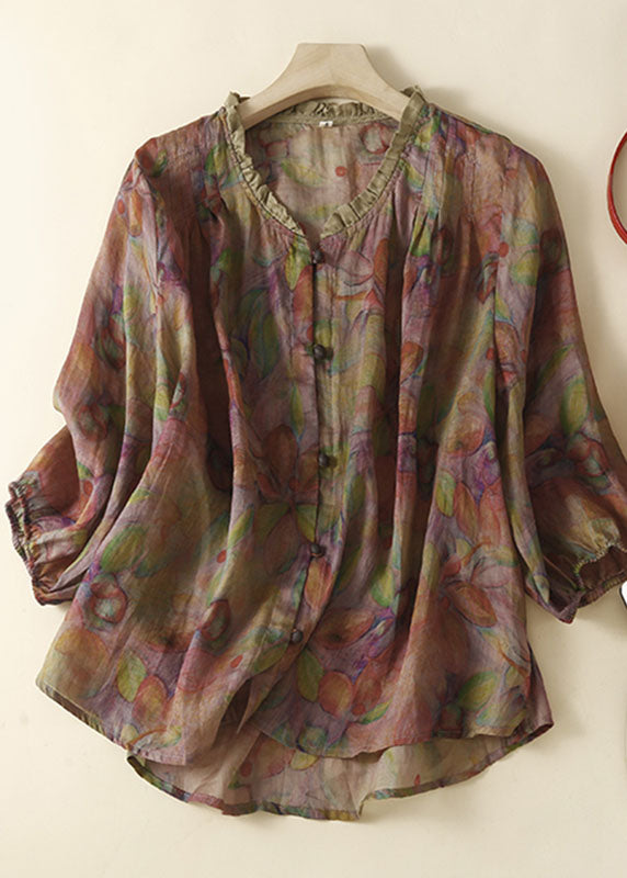 Organic Purple Print Ruffled Patchwork Linen Tops Summer