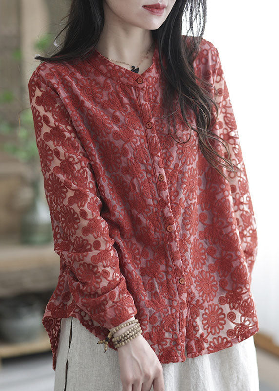 Organic Red O-Neck Embroidered Lace Shirt Tops Spring