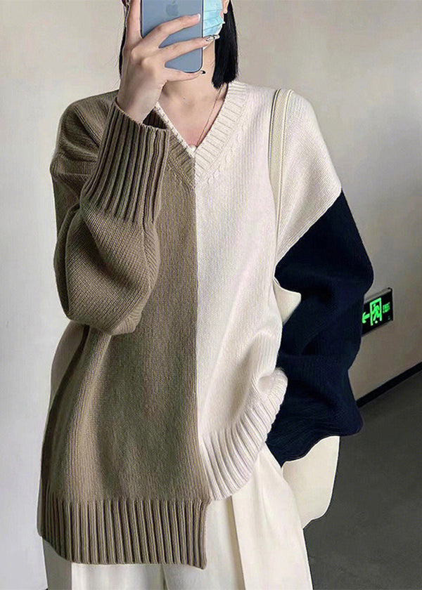 Organic V Neck Asymmetrical Patchwork Thick Knit Sweater Fall