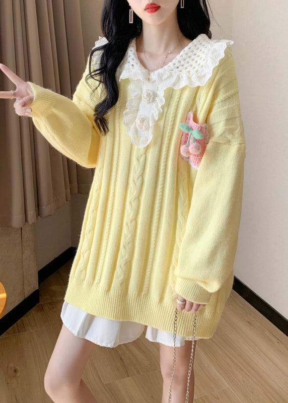 Organic Yellow Hollow Out Cozy Cotton Knit Sweater Spring