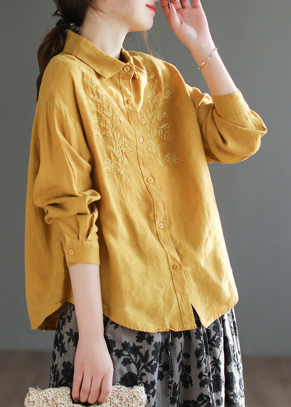 Organic Yellow Peter Pan Collar Embroidered Button Linen Shirts Long Sleeve