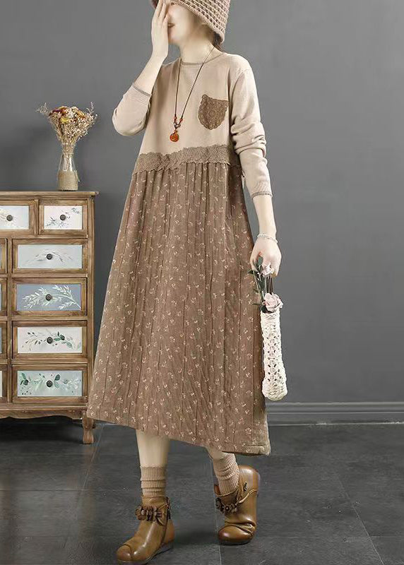 Original Coffee O Neck Lace Patchwork Cotton Long Dresses Fall