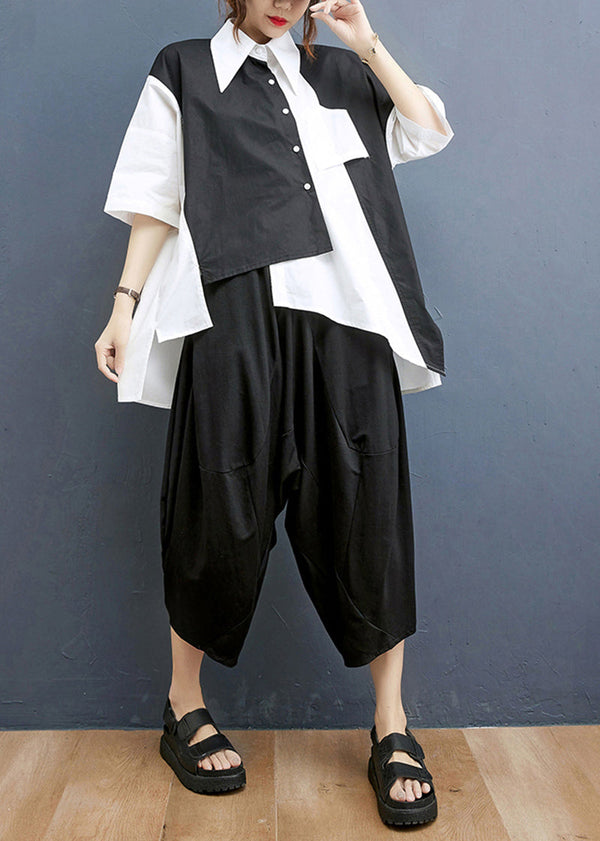 Original Design Black Asymmetrical Design Patchwork Cotton Two Pieces Set Summer