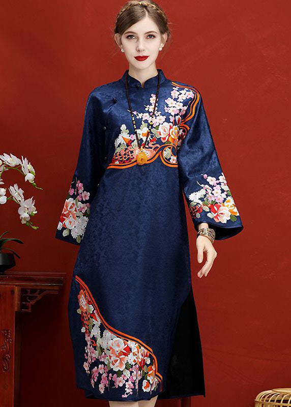 Original Design Navy Embroidered Jacquard Silk Chinese Style Dress Vestidos Spring