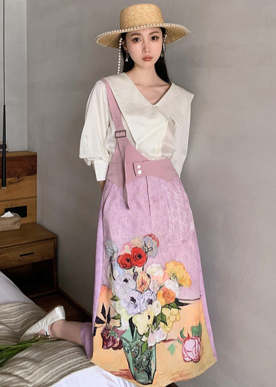 Original Design Sailor Collar Asymmetrical Design Print Silk Tops And Skirts Two-Piece Set Summer