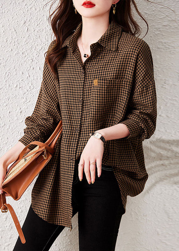 Oversized Plaid Peter Pan Collar Pockets Patchwork Cotton Shirts Long Sleeve