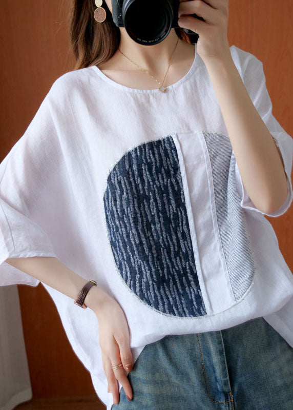 Oversized White O Neck Patchwork Cotton T Shirt Top Summer