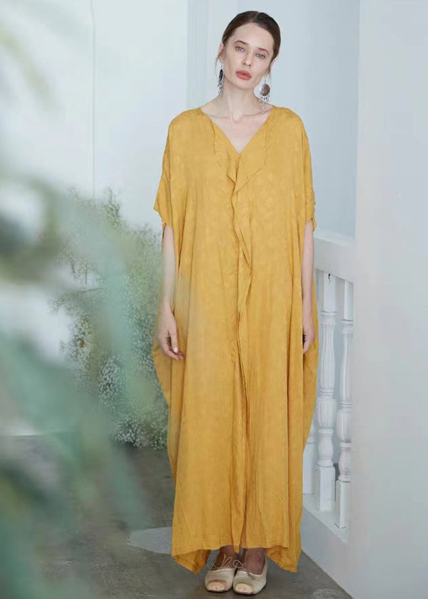 Oversized Yellow V Neck Jacquard Patchwork Cotton Robe Dresses Summer