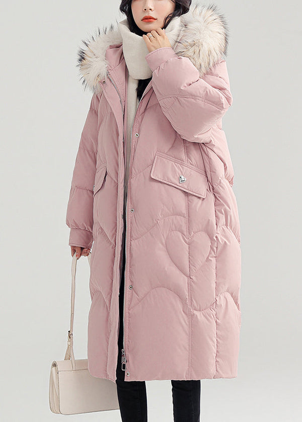 Pink Button Patchwork Duck Down Puffer Coat Zip Up Long Sleeve